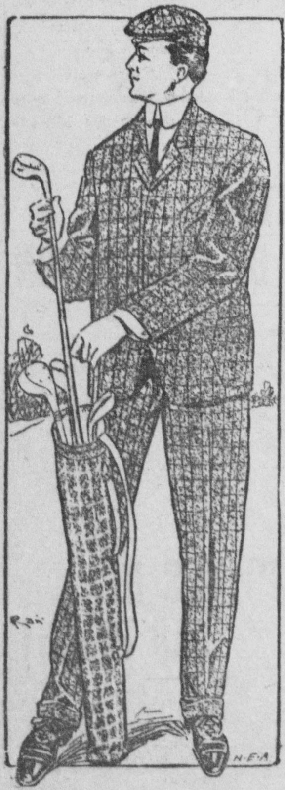 1904 newspaper drawing of a man in a check suit with a slim golf bag of clubs