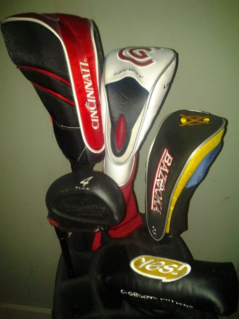 Driver and fairway wood headcovers in a golf bag