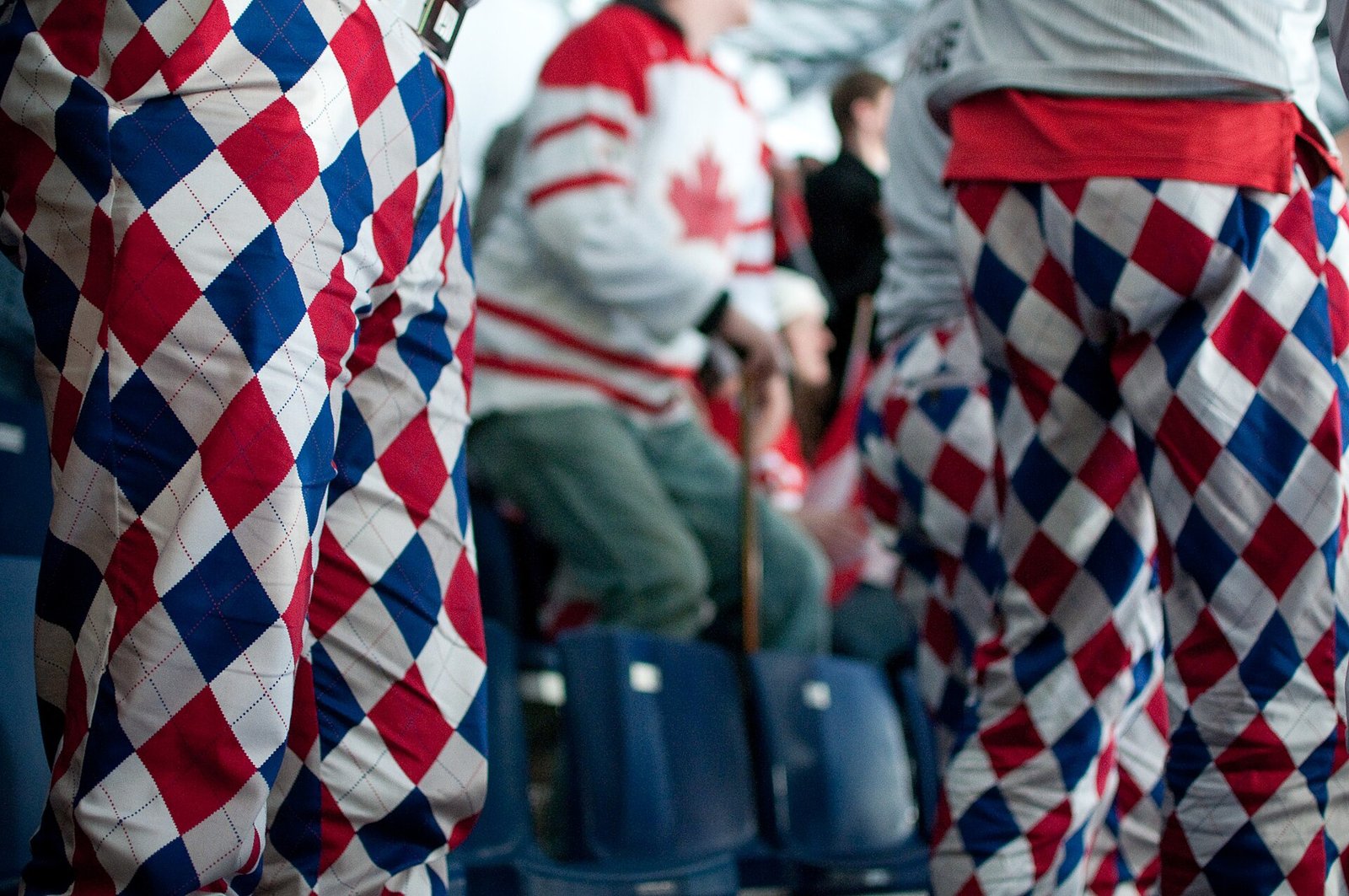 Fans at the 2010 Winter Olympics in Loudmouth's red, white and blue diamond curling trousers